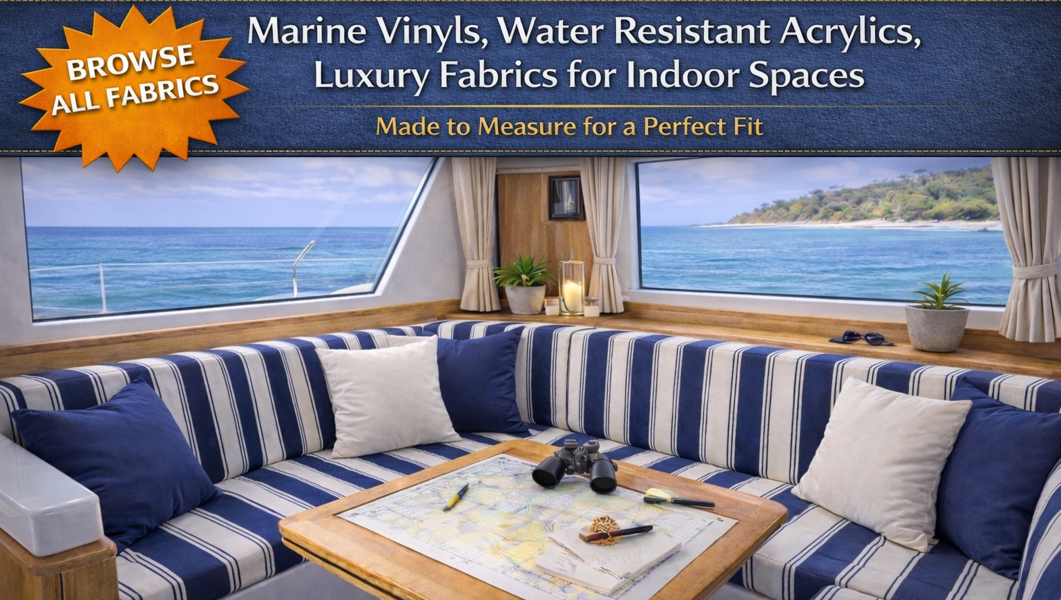 Marine boat cabin seating with navy and white striped cushions showcasing marine vinyls, water resistant acrylics and luxury upholstery fabrics